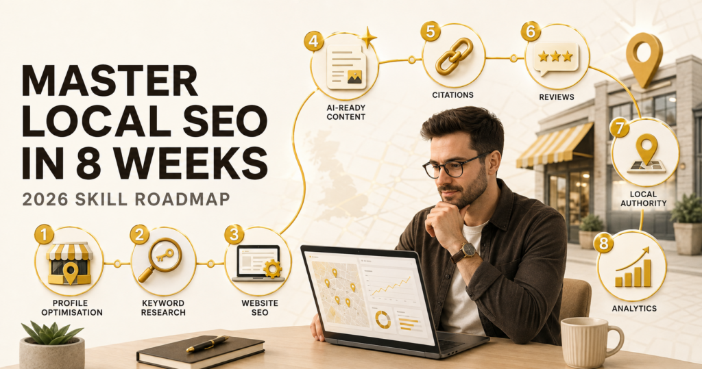 Eight-week Local SEO roadmap covering profile optimisation, keywords, AI-ready content, citations, reviews and analytics.